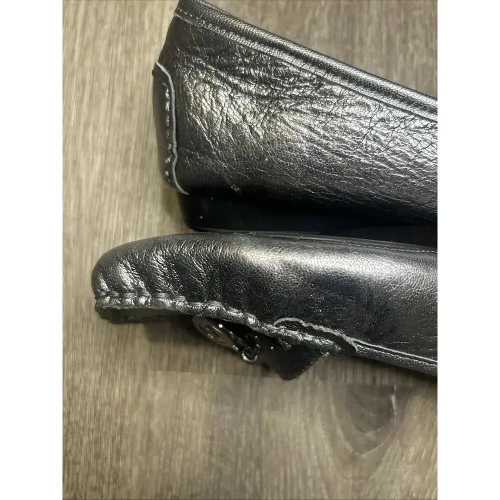 Michael Kors Silver Leather Loafer Flats Logo Accent Square Toe for Women Sz 7.5